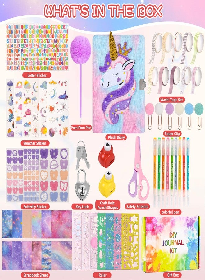 LiYiQ Plush Unicorn Diary Gift Travel Journal Secret Diary with Scrapbook Paper Stickers Journal Stencils Pompom Pen and Washi Tape Practical Set Gift for Birthday Christmas - Image 2